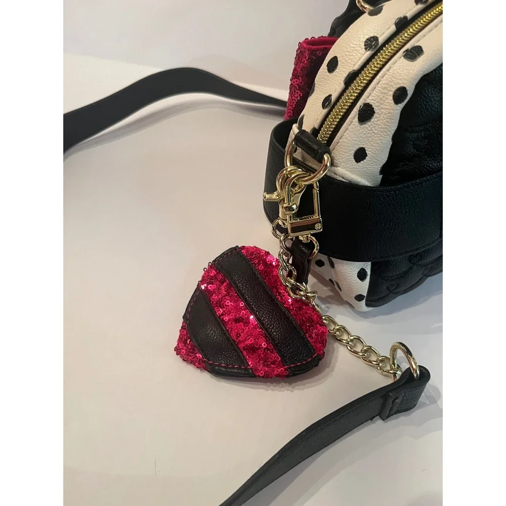 Betsy Johnson Purse Bag Handbag Black White Polka Dot Pink Sequin Bow With Strap